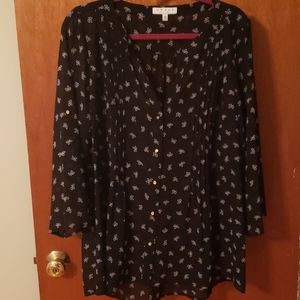 Sheer black & white button down V-neck tunic